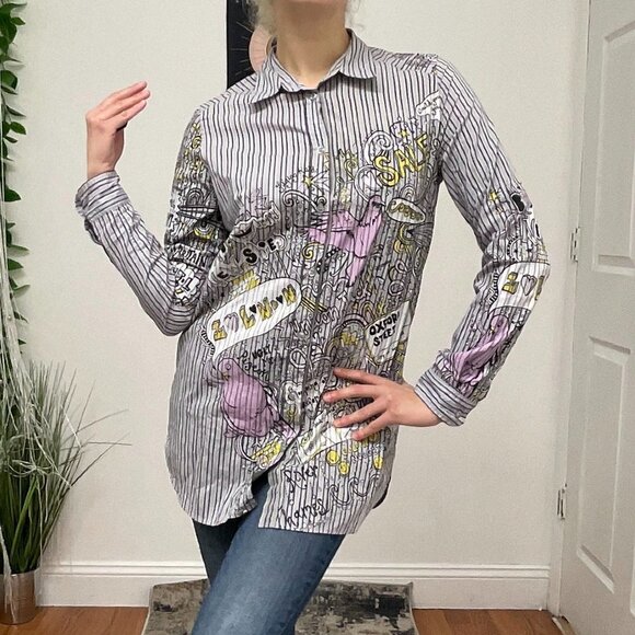 Custo Button Down Striped Blouse Shirt Long Sleeve Size S White/Black - Picture 1 of 12